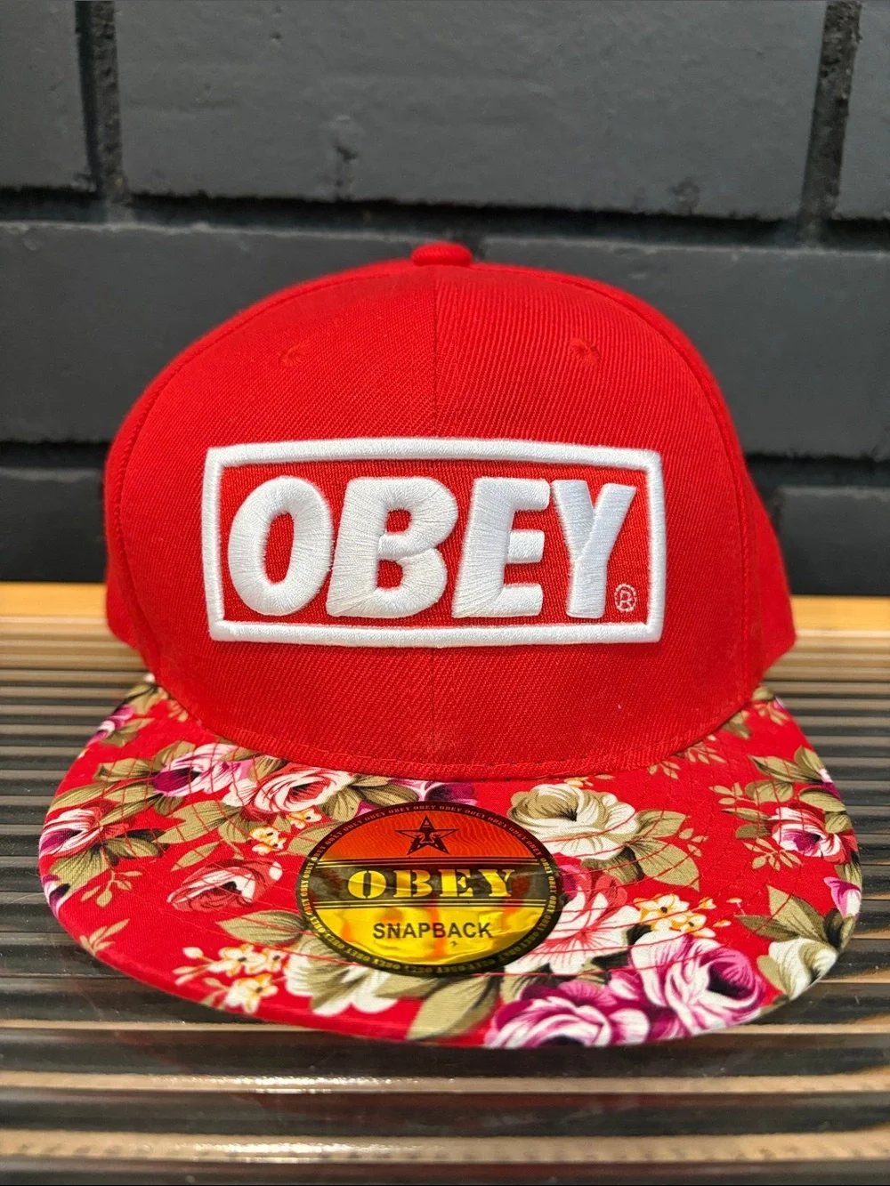 Obey Red Floral Brim Snapback Hat